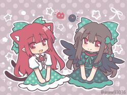  2girls alternate_costume alternate_hairstyle animal_ear_fluff animal_ears bird black_wings blush bow bowtie braid brown_background brown_hair cat cat_ears cat_tail chest_eye chibi chibi_only closed_mouth collared_shirt commentary_request cosplay costume_switch dress extra_ears green_bow green_bowtie green_dress green_skirt hair_bow kaenbyou_rin kaenbyou_rin_(cat) kaenbyou_rin_(cosplay) long_hair looking_at_viewer multiple_girls multiple_hair_bows multiple_tails nekomata open_mouth outline polka_dot polka_dot_background puffy_short_sleeves puffy_sleeves red_eyes red_hair reiuji_utsuho reiuji_utsuho_(bird) reiuji_utsuho_(cosplay) shirt short_sleeves silverrain sitting skirt smile tail third_eye touhou twitter_username two_tails very_long_hair white_outline white_shirt wings 