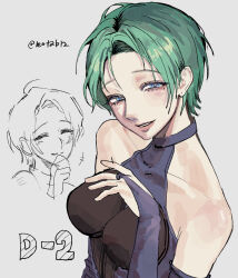  1girl bare_shoulders blue_eyes commentary_request dress gloves gnosia green_hair highres korean_commentary leotab12 looking_at_viewer makeup mole mole_under_eye short_hair simple_background sleeveless sleeveless_dress smile solo stella_(gnosia) upper_body 