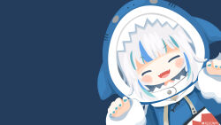  1girl animal_hood arms_up blue_background blue_nails blue_streaks blunt_bangs blush blush_stickers closed_eyes commentary gawr_gura gawr_gura_(1st_costume) grey_hair happy highres hololive hololive_english hood hoodie long_sleeves medium_hair multicolored_hair open_mouth rizu_(rizunm) shark_girl shark_hood sharp_teeth simple_background smile solo streaked_hair teeth virtual_youtuber 