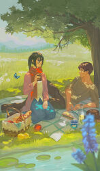  1boy 1girl absurdres apple black_hair black_pants blue_butterfly blue_flower blue_sky blurry blurry_foreground bottle brown_hair bug butterfly cardigan cup eren_yeager flower food fruit full_body grey_shirt hair_between_eyes highres holding holding_cup kneeling long_hair long_skirt looking_at_another mikasa_ackerman nature outdoors pants picnic picnic_basket picnic_blanket pink_cardigan ponytail reclining red_scarf sandwich scar scar_on_cheek scar_on_face scarf shigure0v0 shingeki_no_kyojin shirt short_hair skirt sky tree under_tree white_shirt 