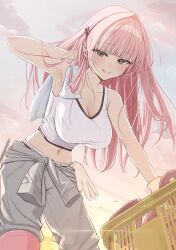  1girl armpits blush breasts brown_eyes highres large_breasts long_hair looking_at_viewer mole mole_under_mouth navel open_mouth original panties pink_hair standing stomach towel uiri-na underwear 