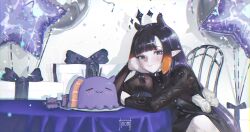  1girl absurdres alternate_costume black_dress black_hair blunt_bangs bow box cake center-flap_bangs chair closed_mouth commentary_request confetti dress earrings floomf food gift gift_box gradient_hair grey_eyes halo highres hololive hololive_english jewelry long_hair long_sleeves looking_at_viewer mole mole_under_eye multicolored_hair ninomae_ina'nis on_chair orange_hair pointy_ears purple_hair sidelocks sitting smile solo star_balloon star_halo straight_hair takodachi_(ninomae_ina'nis) tentacle_hair very_long_hair virtual_youtuber waist_bow white_bow 