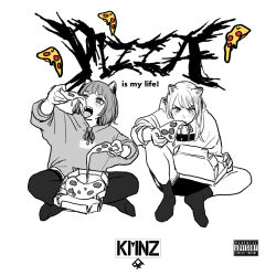  2girls animal_ears cat_ears cat_girl commentary_request copyright_name dog_ears dog_girl eating english_text food highres hood hoodie indian_style ken_sogen kmnz lita_(kmnz) liz_(kmnz) medium_hair multiple_girls parental_advisory partially_colored pizza pizza_box pizza_slice simple_background sitting socks thigh-highs white_background 