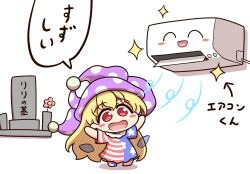  1girl air_conditioner american_flag american_flag_dress american_flag_print arrow_(symbol) blonde_hair blush_stickers chibi chibi_only clownpiece commentary_request dress flag_print flower full_body hat highres jester_cap long_hair neck_ruff open_mouth outstretched_arms pink_eyes pink_flower polka_dot polka_dot_headwear purple_hat shitacemayo short_sleeves simple_background smile solo sparkle speech_bubble spread_arms star_(symbol) star_print striped_clothes striped_dress tombstone touhou translation_request very_long_hair white_background wings 