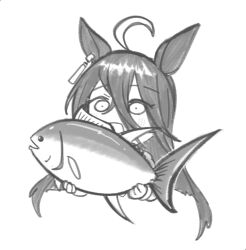  1girl animal animal_ears blush commentary fish greyscale hair_between_eyes highres holding holding_animal holding_fish horse_ears horse_girl looking_at_viewer manhattan_cafe_(umamusume) mir_(miryumiya) monochrome open_mouth solo umamusume 