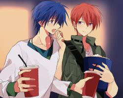  2boys :d angel_beats! blue_eyes blue_hair blurry blurry_background blush casual closed_mouth collarbone commentary_request cup disposable_cup dual_wielding eyes_visible_through_hair feeding food green_jacket hair_between_eyes hinata_hideki holding holding_cup holding_food indoors jacket long_sleeves looking_at_another looking_to_the_side male_focus multiple_boys o.z._(okome1026okome) open_clothes open_jacket open_mouth orange_hair otonashi_yuzuru popcorn shirt short_hair smile spiky_hair tsurime upper_body violet_eyes white_shirt 