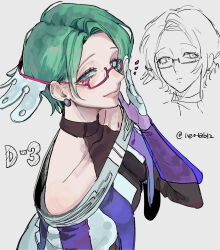  1girl bare_shoulders blue_eyes commentary_request dress earrings glasses gloves gnosia green_hair highres jewelry korean_commentary leotab12 looking_at_viewer makeup short_hair simple_background sleeveless sleeveless_dress smile solo stella_(gnosia) upper_body 