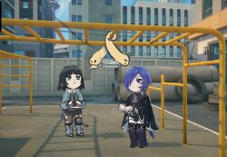  2girls afterimage animal_ears animalization black_cloak black_hair black_necktie black_shorts blue_eyes blue_hair boots cissia_(zenless_zone_zero) cloak closed_mouth commentary fur-trimmed_jacket fur_trim game_screenshot_background garter_straps grey_boots grey_jacket hair_over_one_eye high-waist_shorts jacket jane_doe_(zenless_zone_zero) looking_at_another looking_up monkey_bars motion_lines mouse_ears mouse_girl mouse_tail multiple_girls necktie outdoors promeia_(zenless_zone_zero) red_necktie screenshot_background sharp_tail shorts single_garter_strap single_leg_pantyhose smile snake sweatdrop tail thigh_boots two-tone_necktie two-tone_shorts untranslatable_commentary violet_eyes white_shorts xinzoruo yellow_snake zenless_zone_zero 