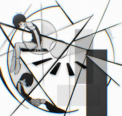  2boys antenna_hair arm_support black_eyes black_hair black_socks black_sweater_vest black_tank_top collared_shirt dual_persona etursaemajoris highres kneehighs male_focus multiple_boys omori omori_(omori) shirt short_hair short_sleeves shorts sitting socks striped_clothes striped_shorts sunny_(omori) sweater_vest tank_top vertical-striped_clothes vertical-striped_shorts white_shirt white_shorts white_socks 
