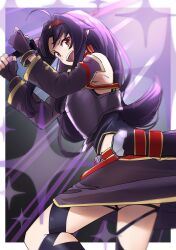  1girl :d absurdres ahoge armor armpit_crease bare_shoulders belt boots border breastplate collared_leotard commentary_request cowboy_shot detached_sleeves fingerless_gloves gloves gradient_background grey_background hair_intakes hair_ribbon hairband high_collar highleg highleg_leotard highres holding holding_sword holding_weapon incoming_attack leg_up leotard long_hair long_skirt long_sleeves messy_hair mother's_rosario nemu_(46_2367teimei) obsidian_slasher outside_border parted_bangs pointy_ears purple_armor purple_boots purple_gloves purple_hair purple_leotard purple_skirt purple_sleeves red_belt red_eyes red_hairband red_ribbon red_trim ribbon scabbard sheath sidelocks sketch skirt smile solo sparkle sword sword_art_online teeth thigh_boots upper_teeth_only v-shaped_eyebrows weapon white_border yellow_trim yuuki_(sao) 