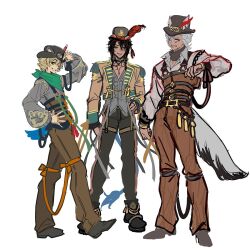  3boys animal_ears bandana bandana_around_neck blonde_hair brown_hair brown_jacket brown_overalls commentary_request cropped_jacket dark-skinned_male dark_skin ears_through_headwear grey_hair hat highres hyena_boy hyena_ears hyena_tail jack_howl jack_howl_(playful_attire) jacket jip leona_kingscholar leona_kingscholar_(playful_attire) lion_boy lion_ears lion_tail looking_at_viewer male_focus multiple_boys overalls ruggie_bucchi simple_background standing tail twisted_wonderland white_background wolf_boy wolf_ears wolf_tail yellow_eyes 