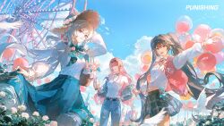  3girls balloon bird black_hair castle clouds commentary denim english_commentary eyewear_on_head fence ferris_wheel flower hair_ornament hairclip highres jacket jeans jersey jewelry liv_(pgr) looking_at_viewer lucia_(pgr) multiple_girls necklace official_art pants pink_eyes pleated_skirt punishing:_gray_raven red_eyes red_hair rose scarf skirt stuffed_animal stuffed_toy sunglasses torn_clothes torn_jeans torn_pants vera_(pgr) white_hair 
