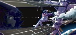  1girl a0s0l absurdres closed_mouth clouds commentary english_commentary floating_hair full_body gradient_hair halo helmet highres hololive hololive_english long_hair multicolored_hair ninomae_ina'nis orange_hair outdoors pointy_ears purple_hair sidelocks smile solo space space_station spacesuit tentacle_hair unworn_headwear unworn_helmet very_long_hair virtual_youtuber 