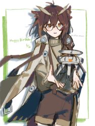  1girl antenna_hair arknights blush brown_hair brown_shorts brown_sweater coffee_toranpu commentary_request cowboy_shot drone glasses happy_birthday highres jacket long_sleeves looking_at_viewer one-hour_drawing_challenge open_clothes open_jacket orange_eyes owl_ears owl_girl semi-rimless_eyewear short_hair shorts silence_(arknights) smile solo suspender_shorts suspenders sweater twitter_username under-rim_eyewear white_jacket 