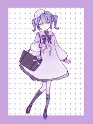  1girl :o absurdres ankle_ribbon bag bag_bow beret black_bag black_bow black_bowtie black_hair black_ribbon black_shirt black_shoes black_socks blunt_bangs border bow bowtie bye40631 chinese_commentary commentary_request dress expressionless floral_print frilled_dress frilled_sailor_collar frilled_shirt_collar frilled_sleeves frills full_body grid_background hair_ornament hair_scrunchie hat heart highres holding holding_bag infinity_nikki jirai_kei kneehighs leg_ribbon long_sleeves mini_hat multicolored_hair nikki_(series) parted_lips print_socks puffy_long_sleeves puffy_sleeves purple_border purple_dress purple_hat purple_ribbon purple_sailor_collar purple_scarf purple_theme ribbon sailor_collar scarf scrunchie shirt shirt_under_dress shoes short_dress short_hair short_twintails single_stripe sleeves_past_wrists socks solo standing streaked_hair striped_bow striped_bowtie striped_clothes stylist_(nikki) tote_bag twintails violet_eyes white_background 