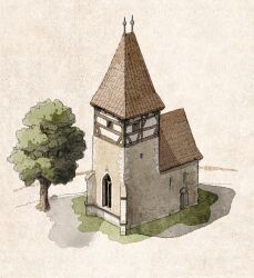  building church clippymagic commentary door doorway english_commentary european_architecture grass grey_background highres no_humans original roof_shingles rooftop tower tree window 