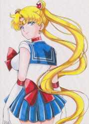  1girl absurdres arms_at_sides back_bow bishoujo_senshi_sailor_moon blonde_hair blue_eyes blue_sailor_collar blue_skirt bow breasts chikoto_(kztc4472) choker circlet closed_mouth collarbone commentary cowboy_shot crescent crescent_choker crescent_earrings curtained_hair double_bun earrings elbow_gloves from_behind gem gloves gold_circlet hair_bun hair_ornament highres jewelry legs_together leotard light_smile lone_nape_hair long_hair looking_at_viewer looking_back magical_girl medium_breasts miniskirt parted_bangs photo_(medium) pleated_skirt red_bow red_choker red_gem red_trim sailor_collar sailor_moon sailor_senshi_uniform short_sleeves simple_background skirt solo split_mouth standing traditional_media tsukino_usagi turning_head twintails very_long_hair white_background white_gloves white_leotard 