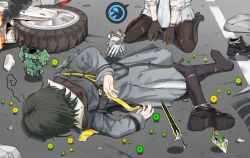  2girls absurdres anglediana arknights arknights:_endfield black_hair black_pantyhose coat commentary_request dress drops endministrator_(arknights) experience_orb faceplant fallen_down female_endministrator_(arknights) gameplay_mechanics gloves highres jacket minecraft multicolored_gloves multiple_girls on_ground open_clothes open_coat outdoors pantyhose perlica_(arknights) short_hair sitting sword two-sided_gloves two-tone_gloves wariza weapon white_dress white_jacket yellow_gloves 