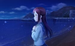  1girl beach blue_skirt blush clouds cloudy_sky commentary_request from_side game_asset grey_shirt half_updo hands_on_own_chest highres light_particles long_hair long_sleeves looking_ahead love_live! love_live!_sunshine!! mountainous_horizon night non-web_source ocean official_art outdoors pleated_skirt profile red_hair sakurauchi_riko school_uniform self-datamine serafuku shirt skirt sky smile solo uranohoshi_school_uniform water world_dai_star yellow_eyes 