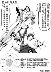  1girl artist_name bow chinese_commentary chinese_text collared_shirt commentary_request fujiwara_no_mokou graph greyscale hair_bow highres liefeng_dm long_hair long_sleeves looking_at_viewer monochrome multiple_hair_bows ofuda ofuda_on_clothes open_mouth pants radar_chart shirt solo suspenders touhou translation_request very_long_hair 