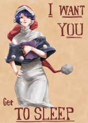  1girl absurdres book commentary_request doremy_sweet dress hand_on_own_hip highres holding holding_book i_want_you kvxxx97buj10031 looking_at_viewer medium_hair pom_pom_(clothes) poster_(medium) simple_background solo touhou white_dress yellow_background 
