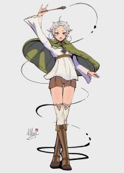  :d absurdres ahoge alleincr arm_up boots brown_boots brown_shorts capelet cloak commentary elf english_commentary full_body green_capelet green_cloak grey_background highres holding holding_wand knee_boots messy_hair mushoku_tensei open_mouth pointy_ears red_eyes shirt short_hair shorts signature simple_background smile standing sylphiette_(mushoku_tensei) wand white_hair white_shirt 