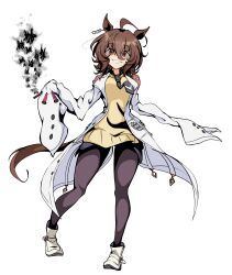  132109chisato 1girl absurdres agnes_tachyon_(tach-nology)_(umamusume) agnes_tachyon_(umamusume) ahoge animal_ears black_necktie black_pantyhose breasts brown_hair chemical_structure coat cork earrings full_body hair_between_eyes highres holding holding_test_tube horse_ears horse_girl horse_tail jewelry lab_coat long_sleeves looking_at_viewer medium_breasts medium_hair necktie open_mouth pantyhose red_eyes shirt shoes short_necktie single_earring sleeves_past_fingers sleeves_past_wrists smile solo sweater sweater_vest tail test_tube umamusume white_coat white_shoes wolf_cut yellow_sweater yellow_sweater_vest 