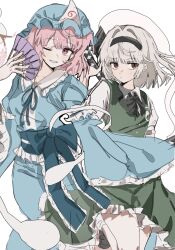  2girls black_bow black_bowtie black_hairband blue_hat blue_kimono bow bowtie ebuna folding_fan frilled_kimono frills ghost green_skirt green_vest hairband hand_fan hand_on_weapon hat highres hitodama hitodama_print holding holding_fan japanese_clothes katana kimono konpaku_youmu konpaku_youmu_(ghost) medium_hair mob_cap multiple_girls perfect_cherry_blossom pink_eyes pink_hair red_eyes saigyouji_yuyuko saigyouji_yuyuko's_fan_design simple_background skirt sleeve_garter sword touhou triangular_headpiece vest weapon white_background white_hair 