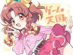  1girl belt belt_buckle bow braid brown_belt brown_hair buckle copyright_name curtained_hair dutch_angle game_tengoku hair_bow hand_up jacket medium_hair miniskirt momoko_(momoko_120) momoko_120 open_mouth pink_jacket pink_skirt red_eyes shirt shirt_tucked_in skirt smile solo standing star_(symbol) twin_braids undershirt v white_shirt yellow_bow yukiwo 