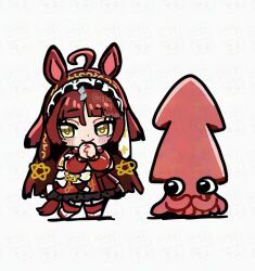  1girl ahoge animal_ears blunt_bangs blunt_ends chibi commentary frilled_hairband frills hairband horse_ears horse_girl horse_tail long_hair own_hands_clasped own_hands_together red_hair red_hairband squid tail takuan_(taku1219oekaki) twitter_username umamusume watermark yellow_eyes 