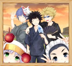  2girls 3boys :d :o :q aogami_pierce arm_around_shoulder arm_over_shoulder arm_up black_hair blonde_hair blue_eyes blue_hair blurry blurry_background brother_and_sister building closed_eyes closed_mouth clouds cloudy_sky collarbone commentary_request cowboy_shot dot_nose double_v evening folding_fan fox_mask green_eyes grey_hair grin hairband hand_fan hand_up holding holding_fan index_(toaru_majutsu_no_index) kamijou_touma light_blush looking_at_viewer maid_headdress mask mask_on_head multiple_boys multiple_girls nun nun_headdress open_mouth orange_sky outdoors pants partial_commentary pinstripe_pants pinstripe_pattern shin_(highest1192) short_hair siblings sky smile spiky_hair standing striped_clothes striped_pants sunglasses teeth toaru_majutsu_no_index tongue tongue_out tsuchimikado_maika tsuchimikado_motoharu v vertical-striped_clothes vertical-striped_pants waving white_hairband white_mask wooden_frame 