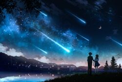  1boy 1girl absurdres black_hair black_jacket black_pants black_shoes blue_sailor_collar blue_skirt blue_sky building clouds commentary commission crescent_moon fireflies from_behind full_body gakuran grass highres hill jacket kaya_(nor_ni) lake light_particles long_sleeves meteor_shower milky_way miniskirt moon mountainous_horizon night original outdoors pants pleated_skirt reflection reflective_liquid rural sailor_collar scenery school_uniform serafuku shirt shoes short_hair short_sleeves skeb_commission skirt sky standing star_(sky) starry_sky tree village water white_shirt wide_shot 