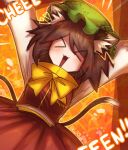  &gt;_&lt; 1girl :3 animal_ear_fluff animal_ears arms_up bow bowtie brown_hair cat_ears cat_tail chen commentary green_headwear hat highres kairubyz long_sleeves mandarin_collar mob_cap multiple_tails open_mouth orange_skirt orange_vest shirt short_hair skirt skirt_set solo tail touhou two_tails vest white_shirt yellow_bow yellow_bowtie 