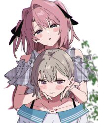  2girls atenaba bare_shoulders behind_another black_ribbon blue_eyes blurry blush brown_hair collarbone commentary_request depth_of_field detached_sleeves hair_intakes hair_ribbon hands_on_another's_face highres kamiina_botan kamiina_botan_yoeru_sugata_wa_yuri_no_hana long_hair multiple_girls off_shoulder parted_lips pink_hair ribbon short_hair simple_background tonami_ibuki two_side_up violet_eyes white_background yuri 