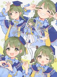  1girl :d :o ;o blue_capelet blue_hat blue_shirt braid brown_shoes capelet character_name double_v green_eyes green_hair grin hands_up happy_birthday hat heart heart_hands highres idol idol_clothes idolmaster idolmaster_shiny_colors index_finger_raised long_sleeves looking_at_viewer low_twin_braids mameyanagi multiple_views nanakusa_nichika neck_ribbon one_eye_closed open_mouth ribbon shirt shoes short_hair skirt smile standing standing_on_one_leg thigh-highs twin_braids v v_over_eye white_skirt white_thighhighs yellow_ribbon 
