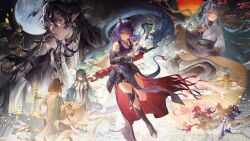  3boys 4girls absurdres aqua_hair architecture arknights asymmetrical_dual_wielding bead_bracelet beads black_boots black_hair blonde_hair blue_hair board_game boots bracelet braid braided_ponytail brown_eyes brown_hair brown_shoes calligraphy_brush ch'en_(arknights) ch'en_the_dawnstreak_(arknights) chi_xiao_(arknights) chinese_clothes chinese_commentary chongyue_(arknights) colored_extremities colored_tips commentary_request detached_sleeves dragon dragon_bean_(arknights) dragon_boy dragon_girl dragon_horns dragon_tail dual_wielding dusk_(arknights) earrings east_asian_architecture eastern_dragon eastern_dragon_horns eastern_dragon_tail fingerless_gloves full_moon gloves go_(board_game) hair_between_eyes hair_over_one_eye hanfu high_ponytail highres holding holding_calligraphy_brush holding_go_stone holding_hands holding_paintbrush holding_scroll horns jewelry jie_(arknights) lantern ling_(a_gallant_dream)_(arknights) ling_(arknights) looking_at_another looking_at_viewer moon multicolored_hair multicolored_horns multiple_boys multiple_girls nian_(arknights) official_alternate_costume orange_hair paintbrush paper_lantern pink_hair playing_chess pointy_ears ponytail purple_hair red_eyes rice_paddy ripples running scroll shoes shu_(arknights) sky_lantern sneakers streaked_hair styx_mo_yu tail tree two-tone_hair two-tone_horns wang_(arknights) white_hair xiangyun yu_(arknights) yu_(clear_morning_view)_(arknights) 