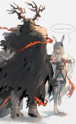  1boy 1girl absurdres animal_ears arknights black_cloak candy cloak commentary_request eating english_text father_and_child father_and_daughter food frostnova_(arknights) full_body gloves hair_over_one_eye highres holding holding_candy holding_food horns long_hair parent_and_child patriot_(arknights) rabbit_ears rokunose scar scar_on_face size_difference white_cloak white_hair wrapped_candy 