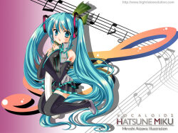  1girl :d aizawa_hiroshi aqua_eyes aqua_hair beamed_eighth_notes black_skirt black_sleeves black_thighhighs character_name collared_shirt commentary_request copyright_name detached_sleeves drop_shadow eighth_note food full_body grey_shirt grey_shoes half_note hands_up hatsune_miku headphones holding holding_food holding_spring_onion holding_vegetable kneeling long_hair long_sleeves looking_at_viewer miniskirt musical_note musical_staff number_tattoo open_mouth oversized_food oversized_object pleated_skirt quarter_note shirt shoes shoulder_tattoo skirt sleeveless sleeveless_shirt sleeves_past_wrists smile solo spring_onion tattoo thigh-highs treble_clef vegetable very_long_hair vocaloid web_address 