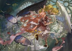  2girls absurdres angel angel_wings asymmetrical_wings bird black_bow black_shoes black_wings blonde_hair blue_eyes bow commentary dove dress english_commentary flower flying hair_bow hairband halo heterochromia highres holding_hands indoors interlocked_fingers long_hair long_sidelocks looking_at_another looking_to_the_side mirror multiple_girls muyihui original pink_hair red_eyes red_flower sample_watermark shoes sidelocks traditional_halo very_long_hair watermark white_bird white_bow white_dress white_hairband white_wings window wings yellow_eyes 