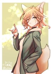  1girl :3 absurdres ahoge animal_ear_fluff animal_ears artist_logo artist_name blonde_hair border bright_pupils buttons choker closed_mouth commentary contemporary dress fox_ears fox_girl fox_shadow_puppet fox_tail green_choker green_jacket hair_between_eyes hand_in_pocket hand_up highres jacket kudamaki_tsukasa lapels light_blush logo long_hair_between_eyes looking_to_the_side lzfvoid open_clothes open_jacket outside_border solo tail touhou twitter_username white_border white_pupils yellow_background yellow_eyes 