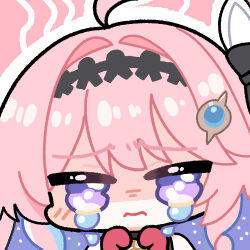  1girl ahoge chibi chibi_only closed_mouth colored_inner_hair commentary crying denia_(wuthering_waves) english_commentary gloves hair_intakes hair_ornament hands_up long_hair looking_at_viewer multicolored_hair pink_hair portrait purple_hair red_gloves shaded_face solo sticker_(medium) twomoon violet_eyes wuthering_waves 