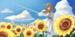  1girl absurdres arm_behind_back artist_name back blush brown_hair clouds cloudy_sky day dress fantasy field flower flower_field green_eyes h_yuusui highres light long_dress long_hair looking_at_viewer nature original outdoors scenery signature sky smile sunflower sunlight 
