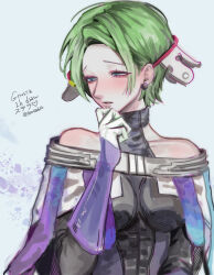  1girl bare_shoulders blue_eyes commentary_request dress earrings gloves gnosia green_hair highres jewelry korean_commentary leotab12 looking_at_viewer makeup short_hair simple_background sleeveless sleeveless_dress smile solo stella_(gnosia) upper_body 