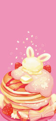  absurdres animal_ears artist_name bow butter cherry_blossoms commentary_request food food_focus fruit highres ice_cream icing jam no_humans original pancake pancake_stack pink_background pink_bow plate powdered_sugar rabbit_ears rizu_(rizunm) simple_background still_life strawberry 