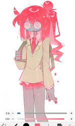  1018sus 1girl @_@ ahoge alternate_hair_color alternate_hair_length_(longer) arm_at_side art_program_in_frame bacon_(female)_(roblox) bacon_(roblox) bag bare_legs bespectacled breasts chestnut_mouth coke-bottle_glasses collared_shirt colored_skin commentary cowlick crying double-parted_bangs english_commentary facing_ahead feet_out_of_frame fewer_digits from_side glasses green_bag grey_skin hair_between_eyes hair_bun halftone hand_up highres holding_strap ibispaint jacket lapels layered_sleeves long_sleeves looking_at_viewer low_ponytail miniskirt nail_polish necktie no_eyebrows no_nose parted_lips pleated_skirt ponytail red_hair red_nails red_necktie red_skirt roblox round_eyewear school_uniform shirt sidelocks simple_background single_hair_bun skirt small_breasts solo sparkle standing streaming_tears tears v-neck white_background white_shirt yellow_jacket 