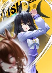  2girls absurdres agnes_tachyon_(umamusume) animal animal_ears black_hair bow brown_hair bruise closed_eyes commentary english_commentary eyes_visible_through_hair hair_between_eyes hair_over_one_eye highres hitting holding holding_animal horse_ears horse_girl injury long_hair manhattan_cafe_(umamusume) manjo_(warito) marlin_(fish) multiple_girls open_mouth purple_sailor_collar purple_shirt purple_skirt sailor_collar shaded_face shirt skirt umamusume white_bow yellow_eyes 