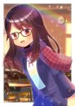  1girl :d bangs black_jacket black_skirt blurry blurry_background blush brown-framed_eyewear brown_eyes brown_hair chair commentary_request commission depth_of_field desk glasses jacket kou_hiyoyo long_hair looking_at_viewer neck_ribbon open_clothes open_jacket original parted_bangs plaid plaid_scarf pleated_skirt red_ribbon red_scarf ribbon scarf school_chair school_desk school_uniform shirt skeb_commission skirt smile solo white_shirt 