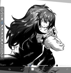  1girl 1other androgynous antenna_hair armlet art_program_in_frame bodysuit commentary crying crying_with_eyes_open deltarune dudmii english_commentary furry furry_female greyscale hair_between_eyes hug jewelry kris_(dark_world)_(deltarune) kris_(deltarune) long_hair monochrome reptile_girl short_hair spiked_armlet susie_(dark_world)_(deltarune) susie_(deltarune) tears utdr_(toby_fox) vest 