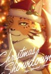  1boy animal_nose christmas_lights commentary_request copyright_name english_text finger_to_mouth furry furry_male gloves green_eyes hat looking_at_viewer male_focus one_eye_closed ose_(housamo) panther_boy panther_ears santa_costume santa_hat shushing smile snout solo tokyo_afterschool_summoners upper_body whiskers white_gloves yow 