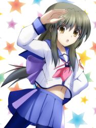  1girl :o alternate_costume angel_beats! arm_up black_pantyhose blue_sailor_collar blue_skirt bow brown_eyes clannad commentary_request company_connection cowboy_shot dutch_angle eyes_visible_through_hair green_hair hair_between_eyes hair_bow hand_on_own_hip highres huge_bow ibuki_fuuko key_(company) lelie_(lelie_link) light_blush long_hair long_sleeves looking_at_viewer low-tied_long_hair midriff miniskirt navel neckerchief open_mouth pantyhose pink_neckerchief pleated_skirt purple_bow sailor_collar sailor_shirt salute shinda_sekai_sensen_uniform shirt sidelocks simple_background skirt solo star_(symbol) star_symbol_background tareme v-shaped_eyebrows white_background white_shirt 